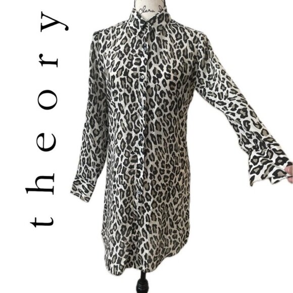 THEORY LEOPARD SILK  BLOUSE DRESS OVERSIZED SZ XS TRENDY MUST READ DESCRIPTION - Picture 1 of 16